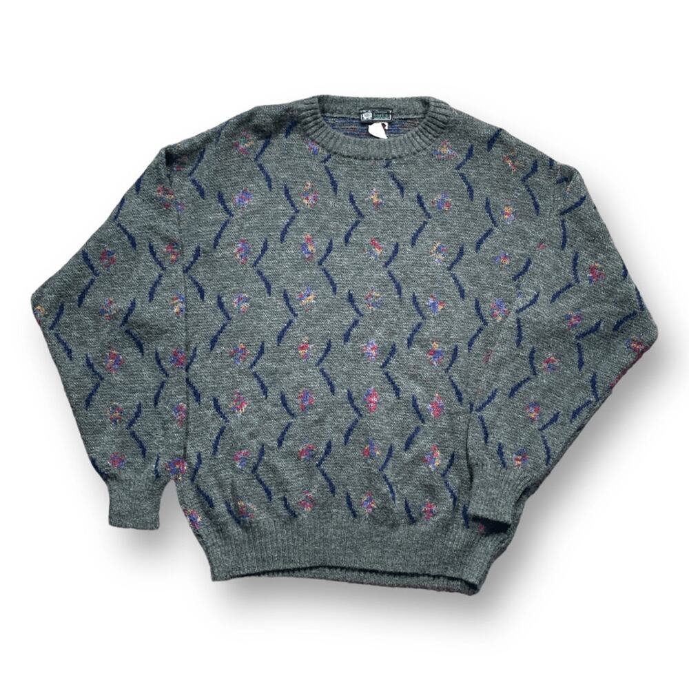 Vintage Made in Italy Gray Wool Blend Colorful Patterned Sweater 90s Unisex